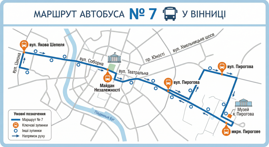 схематична карта маршруту автобуса 7 у Вінниці