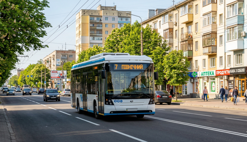 сучасний міський автобус на вулиці Вінниці