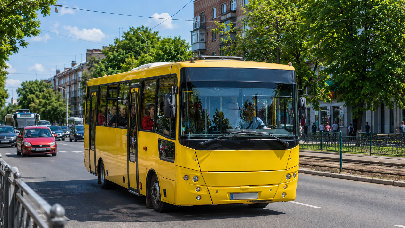 Маршрутка їде міським маршрутом вулицями Вінниці.