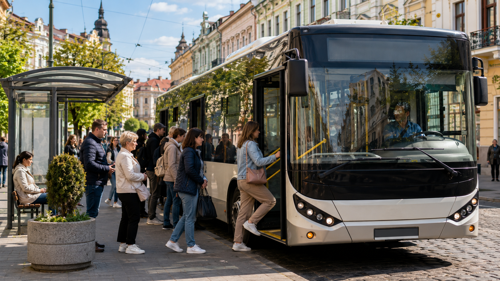 Автобус на зупинці громадського транспорту в Чернівцях